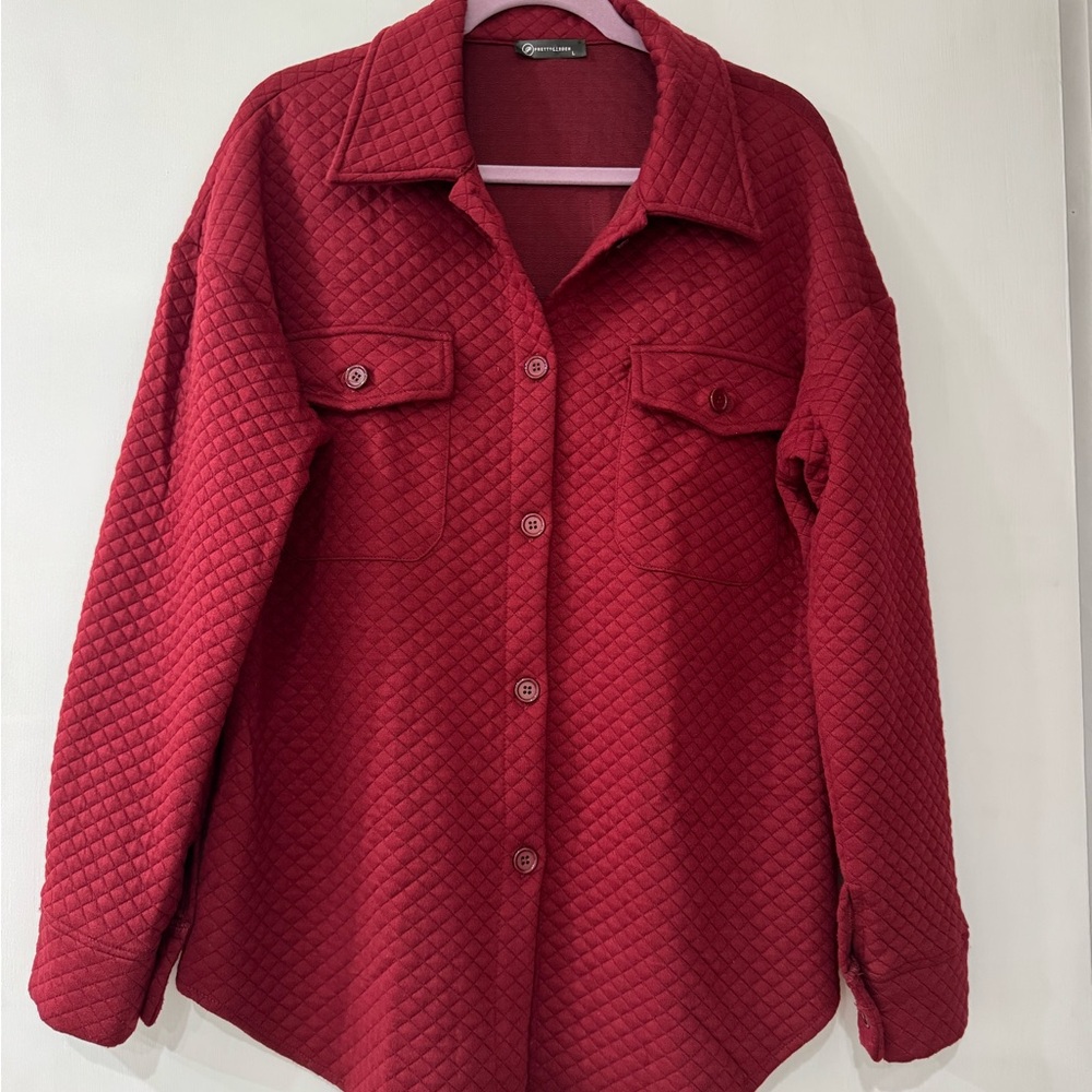 Women's Quilted Red Button-Up Shirt Jacket
